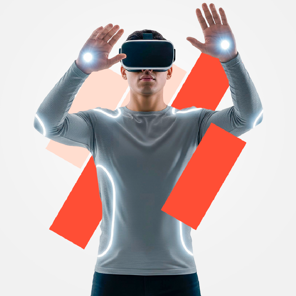 Persona usando visor de realidad virtual como referencia al arte contemporáneo y la relación entre arte, tecnología y cultura